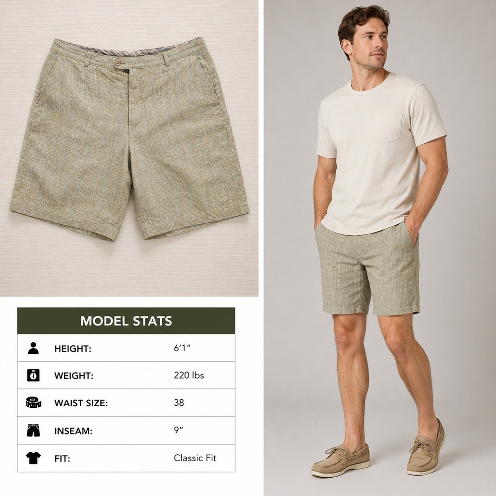 Tommy Bahama Mens 38 Linen Silk Classic Fit Shorts Khaki Green Slub 9 Inseam